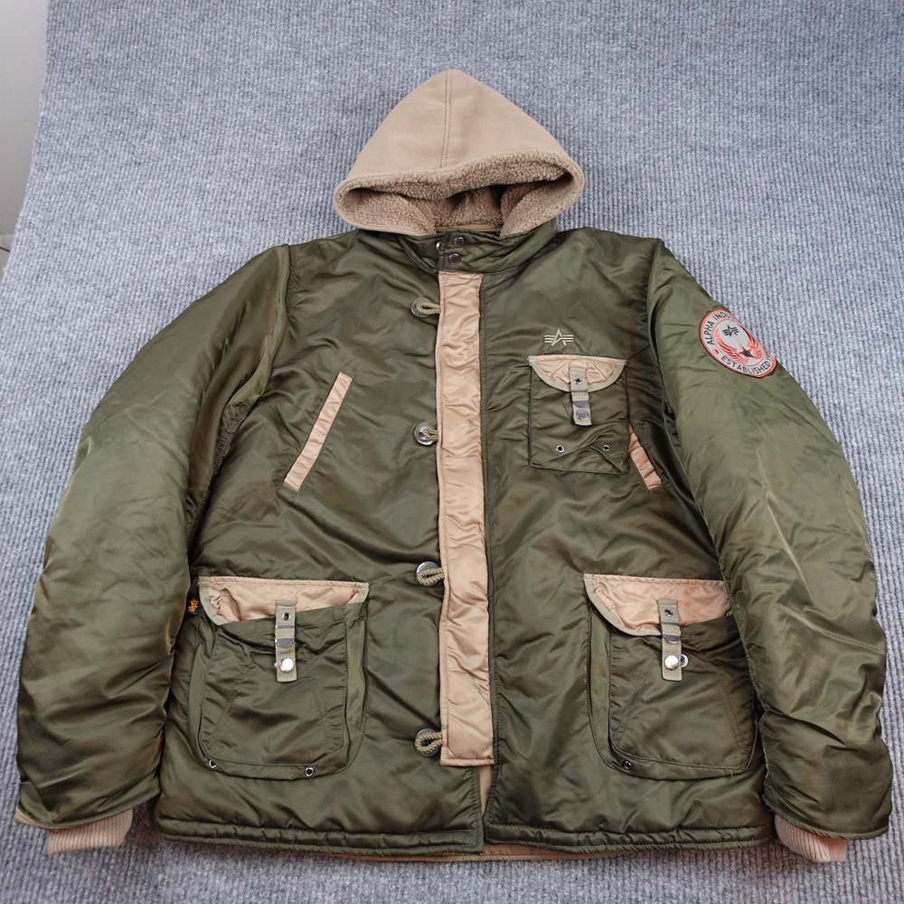 Alpha Industries Jacket Mens 2XL Green Hooded Parka Sherpa Lined Army Flight